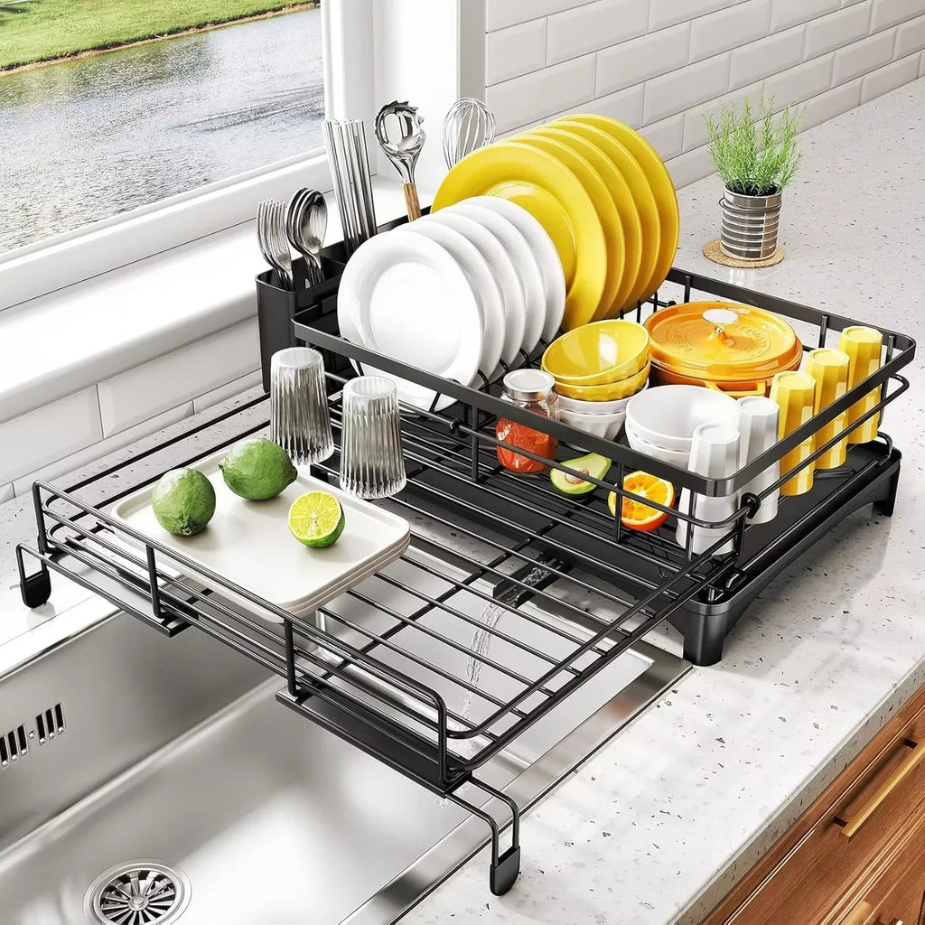 Large Rustproof Fast-Drain Dish Drying Rack (3-Compartment Utensil Holder)