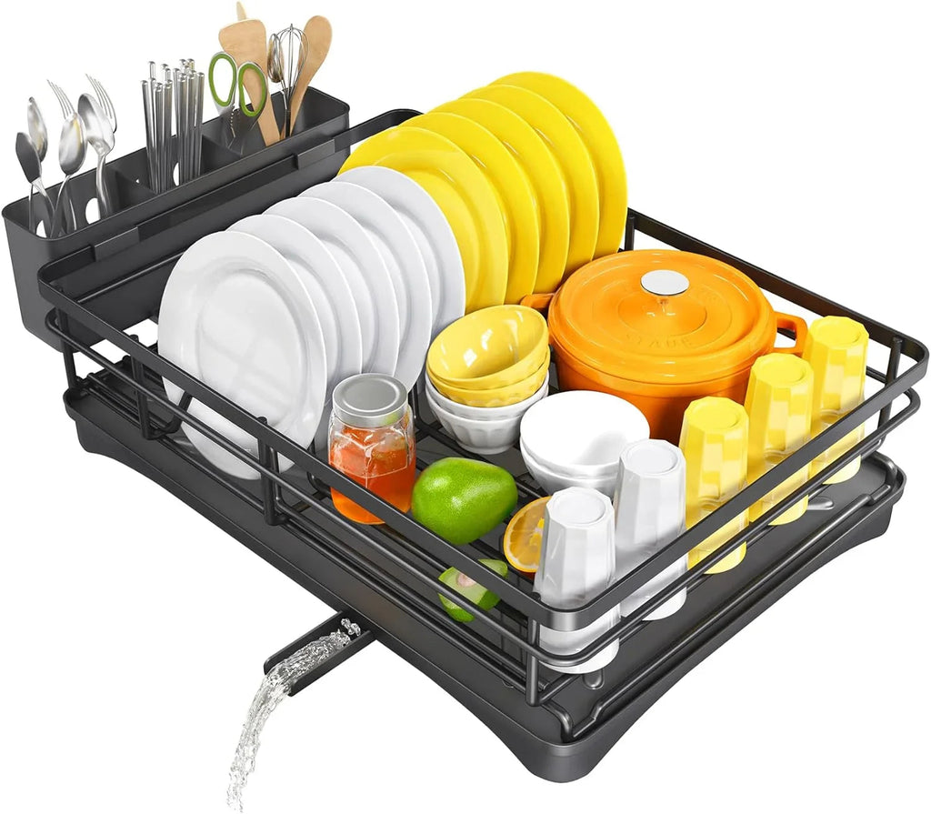 Large Rustproof Fast-Drain Dish Drying Rack (3-Compartment Utensil Holder)
