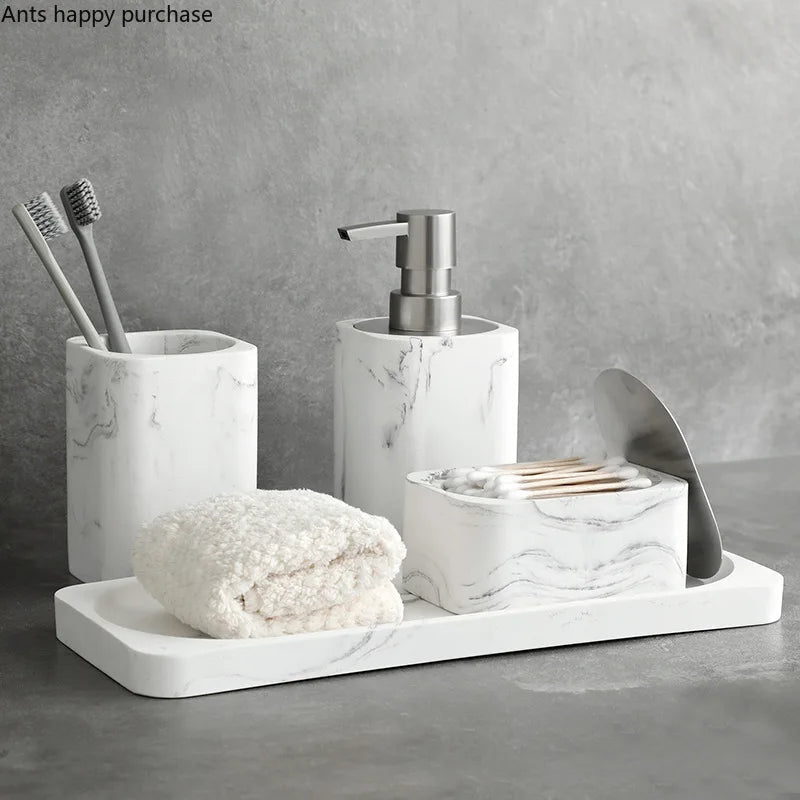 Marble-Effect Resin Bathroom Accessory Set (4-Piece)