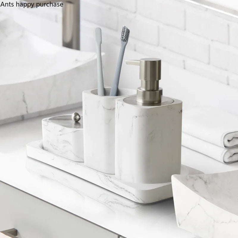 Marble-Effect Resin Bathroom Accessory Set (4-Piece)