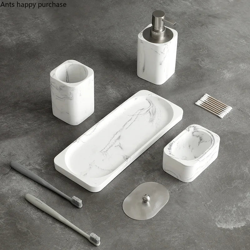 Marble-Effect Resin Bathroom Accessory Set (4-Piece)