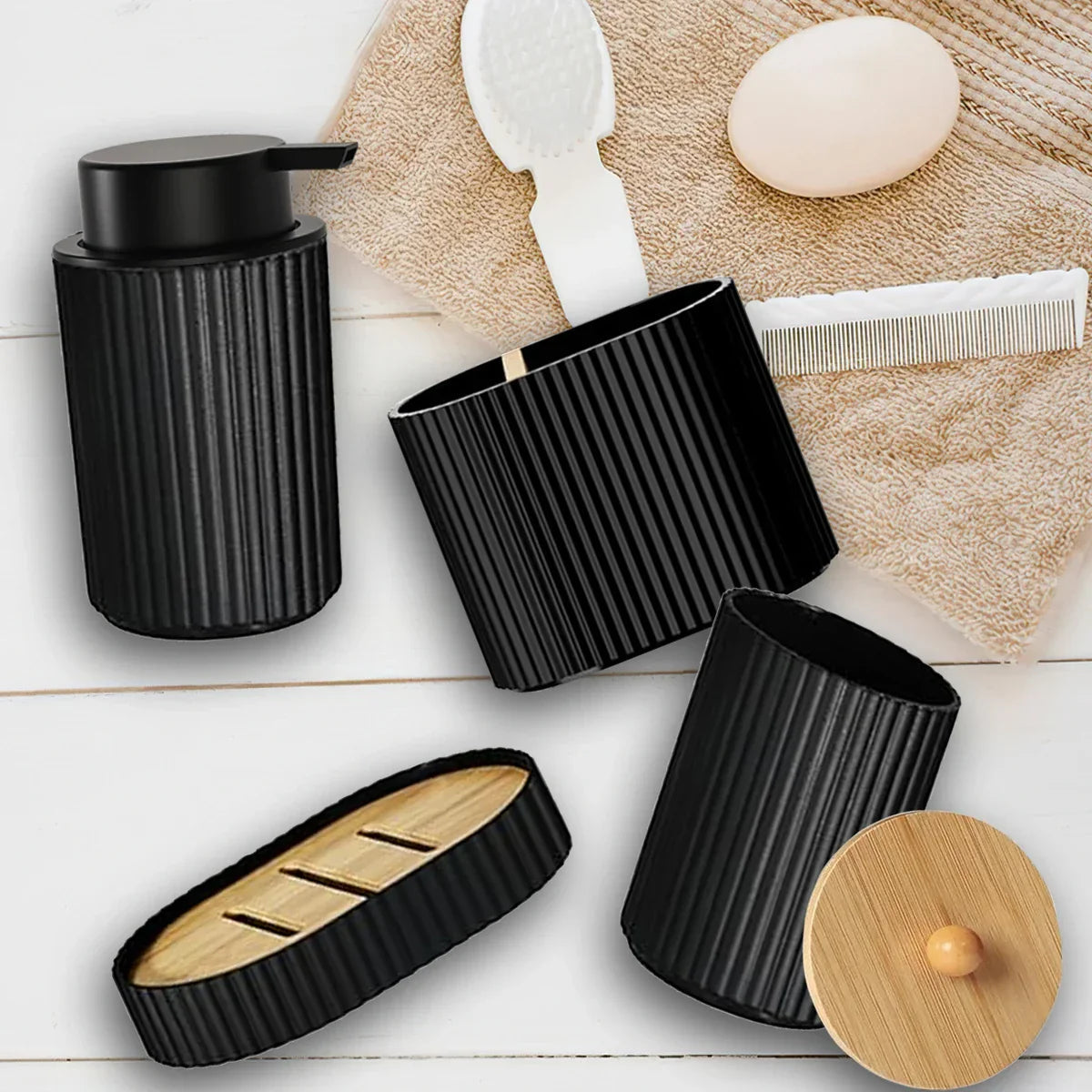 Matte Black Eco-Friendly Plastic Bathroom Accessory Set (4-Piece)