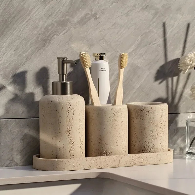 Natural Stone-Look Ceramic Bathroom Accessory Set (3-Piece)