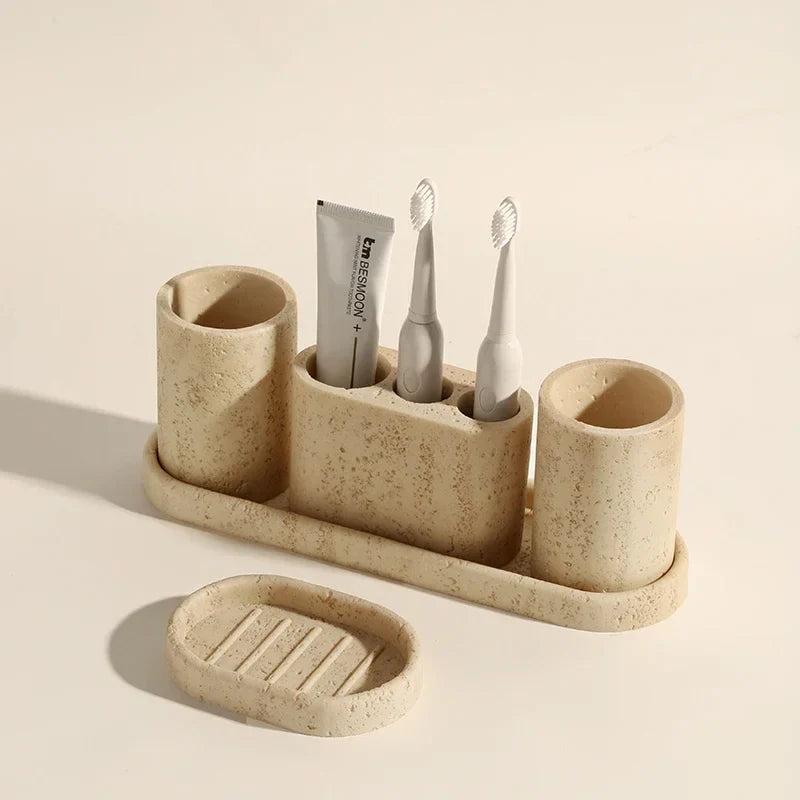 Natural Stone-Look Ceramic Bathroom Accessory Set (3-Piece)