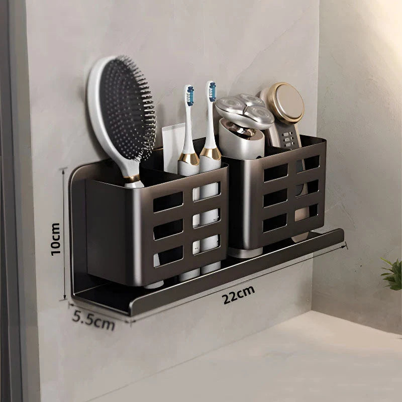 No-Drill Aluminum Wall Shelf (Toothbrush & Razor Holder)