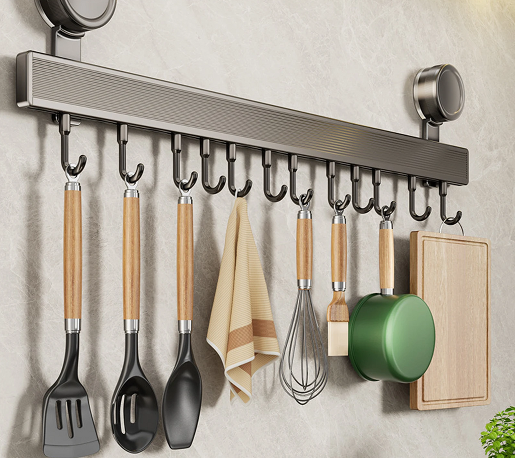 No-Drill Rust-Resistant Aluminum Kitchen Hook Rail
