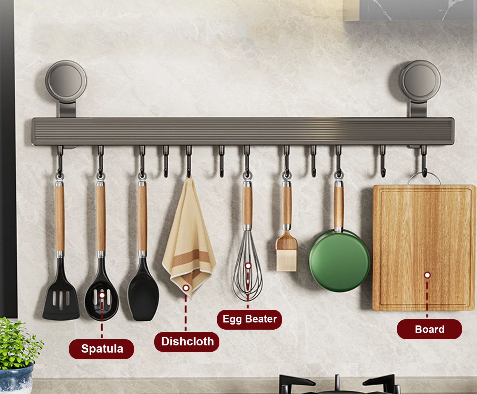 No-Drill Rust-Resistant Aluminum Kitchen Hook Rail