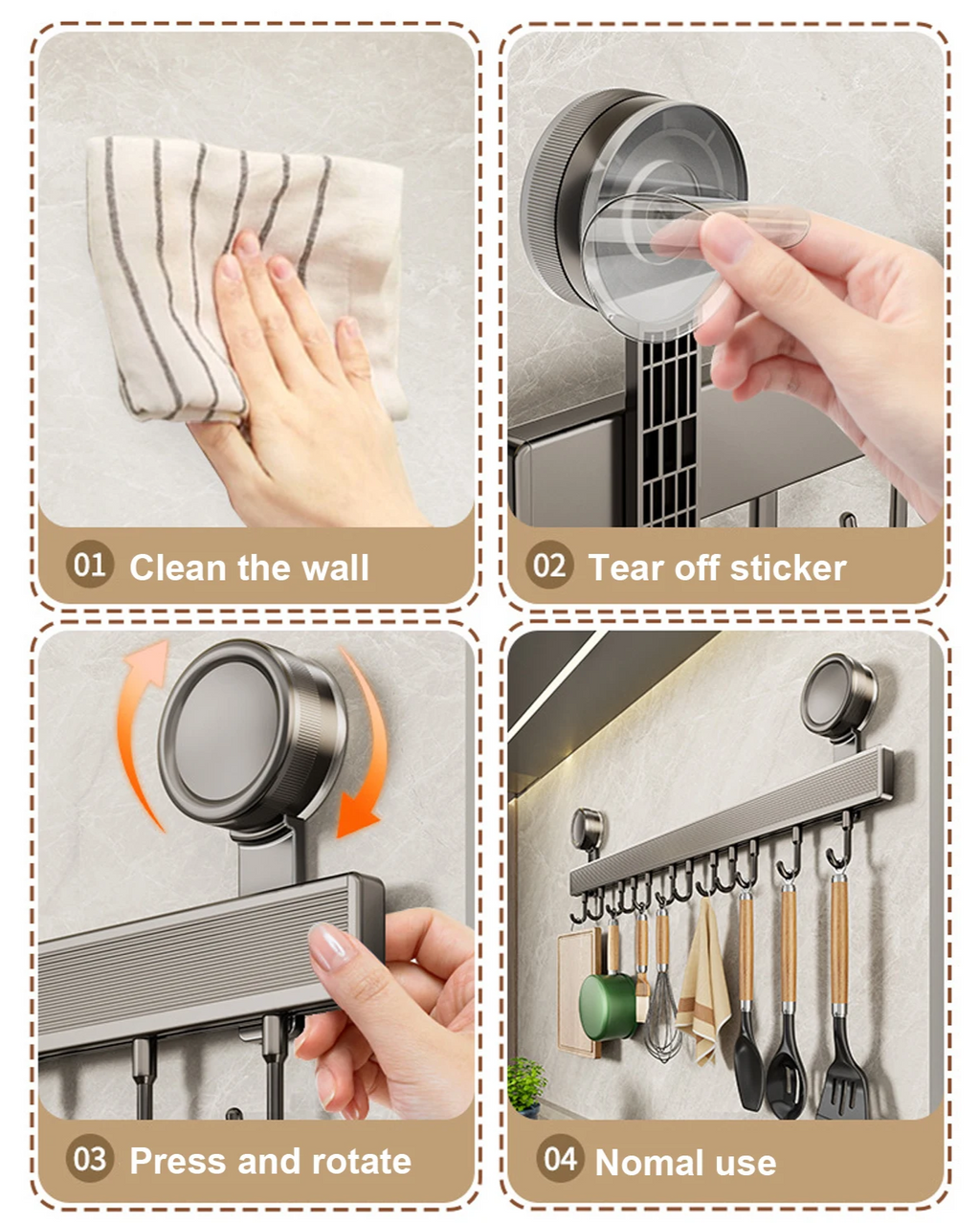 No-Drill Rust-Resistant Aluminum Kitchen Hook Rail