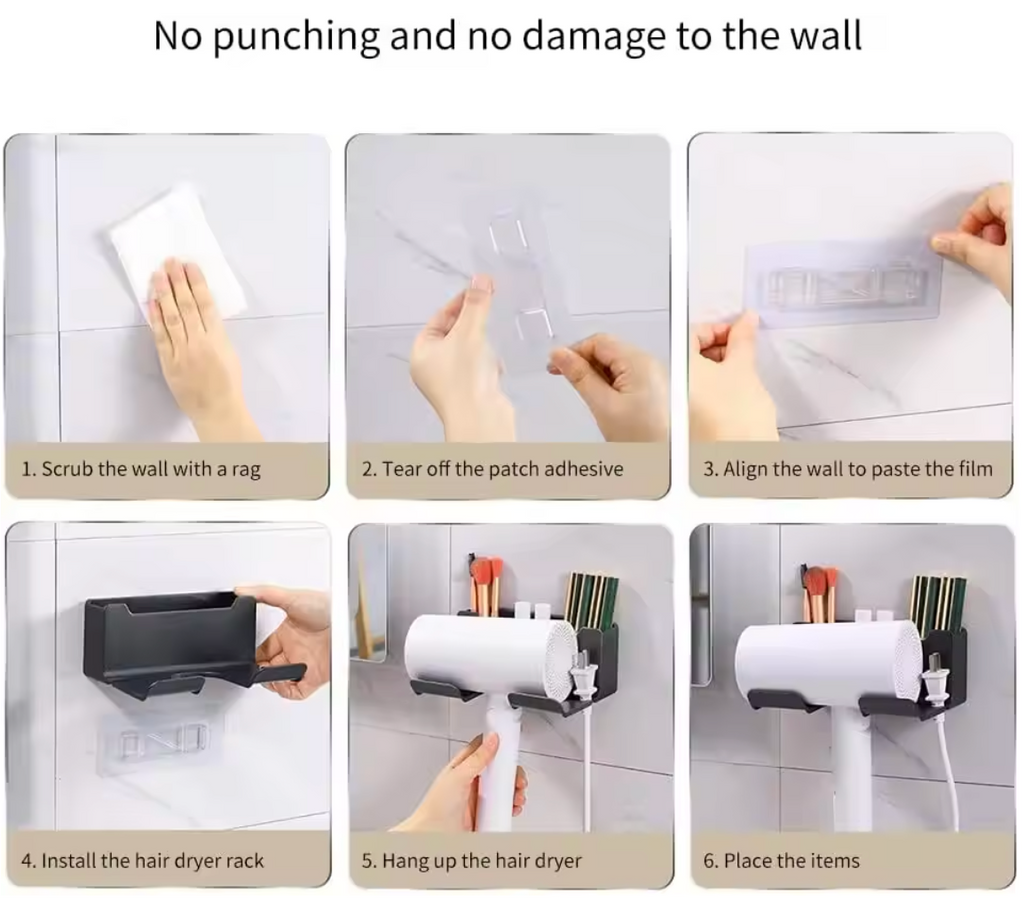 No-Drill Self-Adhesive Dual-Layer Silicone-Padded Hair Dryer Holder