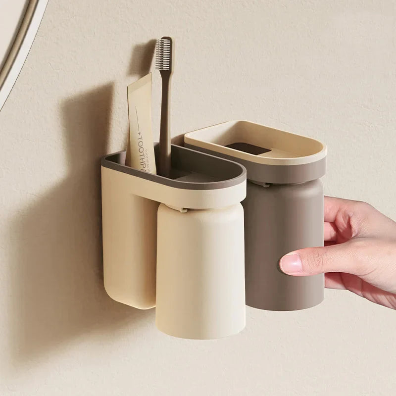 No-Drill Self-Adhesive Space-Saving Toothbrush & Cup Holder (2-in-1)