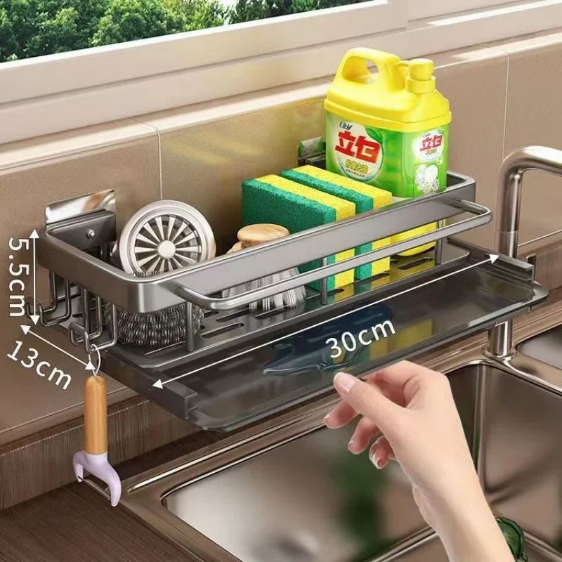 No-Drill Self-Draining Aluminum Sink Organizer (With Removable Tray)
