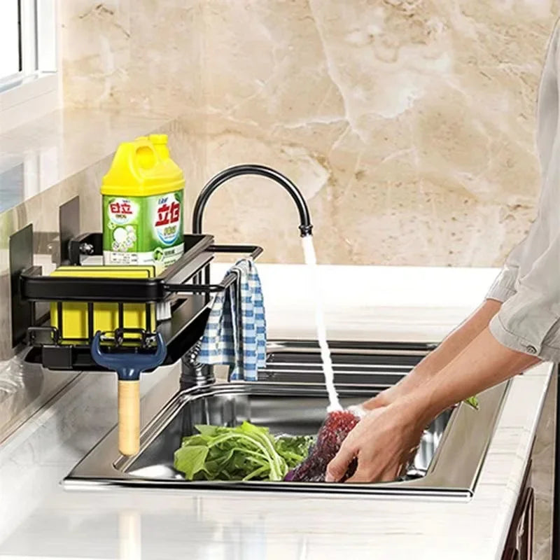 No-Drill Self-Draining Aluminum Sink Organizer (With Removable Tray)