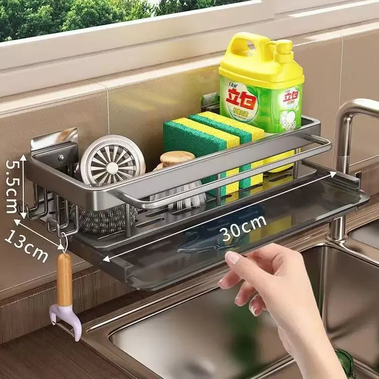 No-Drill Self-Draining Aluminum Sink Organizer (With Removable Tray)