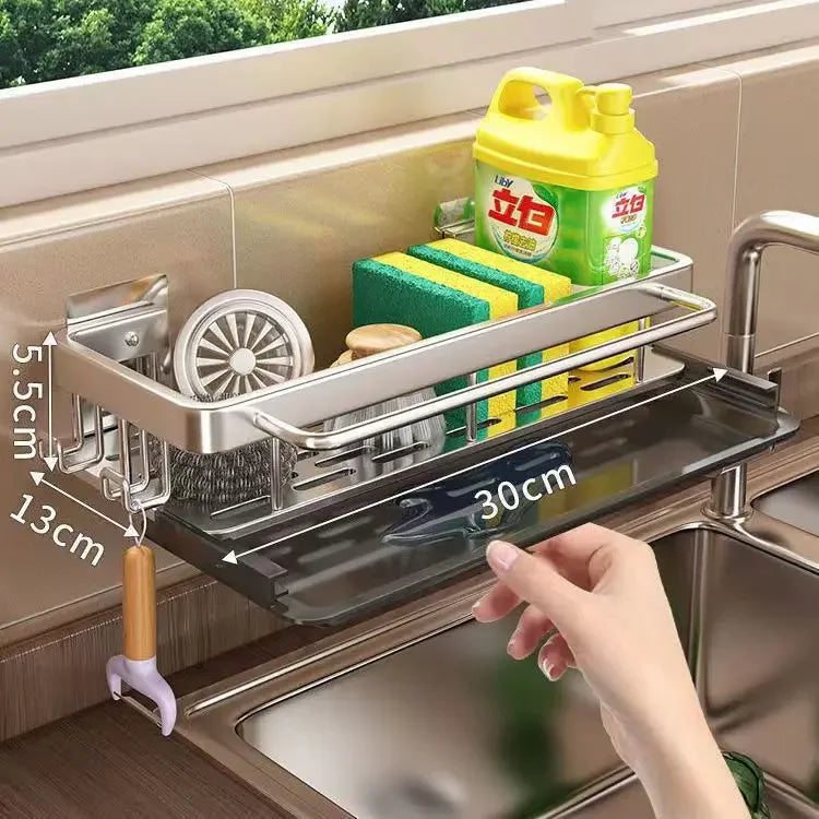 No-Drill Self-Draining Aluminum Sink Organizer (With Removable Tray)