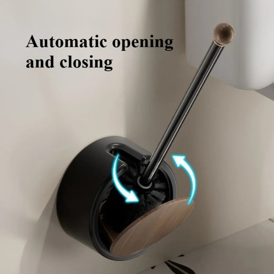 No-Drill Wall-Mounted Long-Handle Toilet Brush (Wood-Grain Finish)