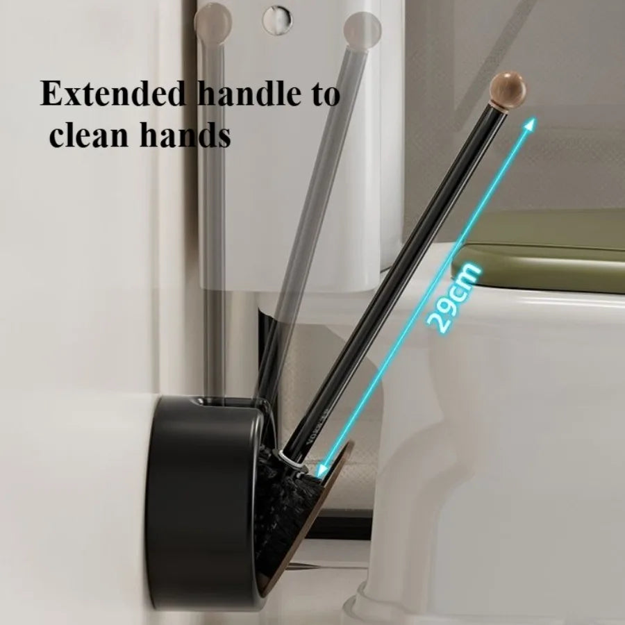 No-Drill Wall-Mounted Long-Handle Toilet Brush (Wood-Grain Finish)