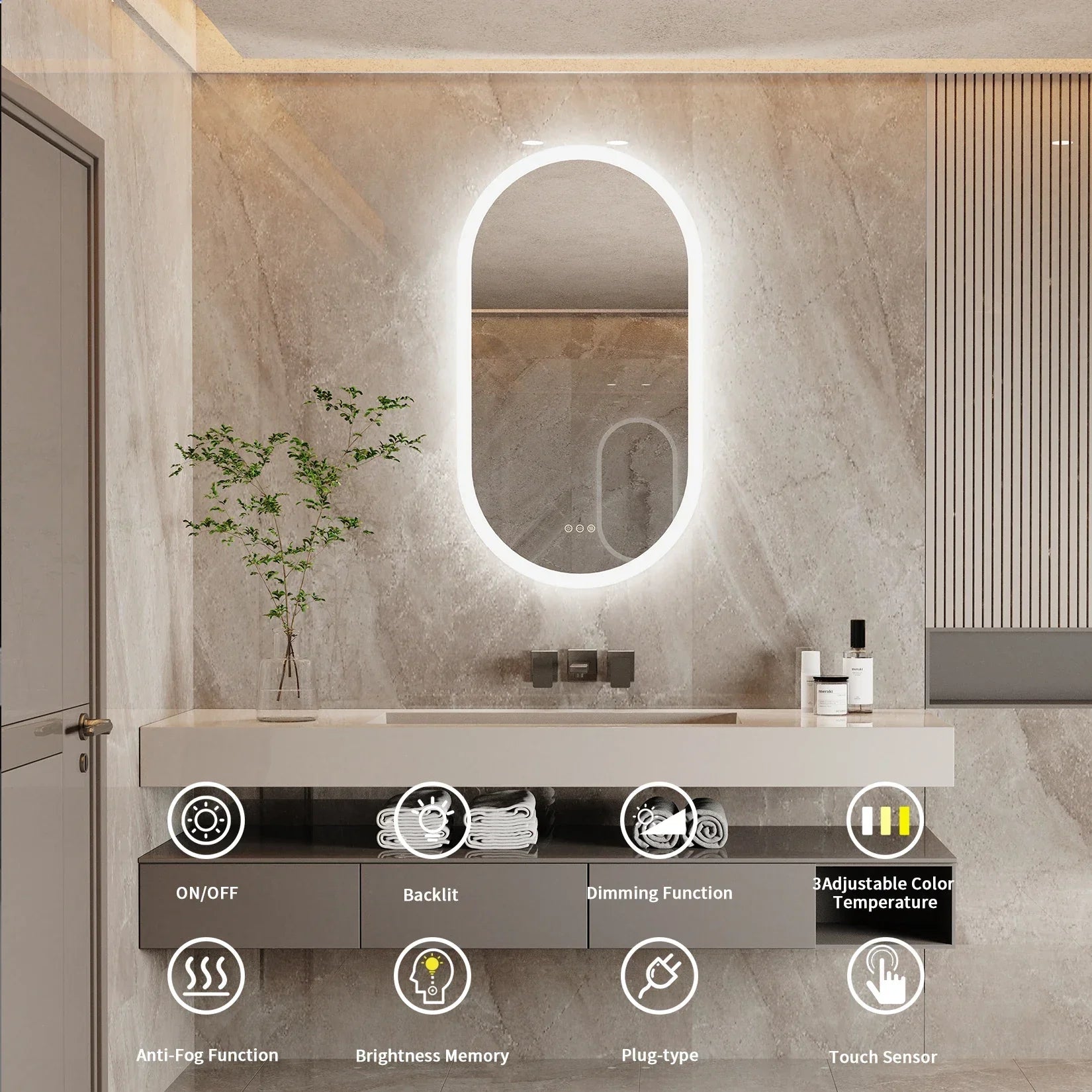 Oval Anti-Fog Touch Dimmable LED Bathroom Mirror