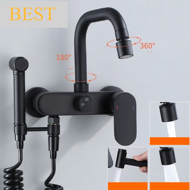 Polished Black Brass Wall-Mount Faucet (360° Swivel & Side Sprayer)