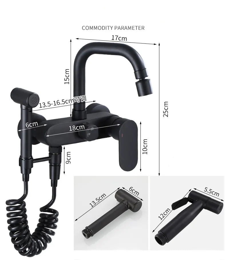 Polished Black Brass Wall-Mount Faucet (360° Swivel & Side Sprayer)