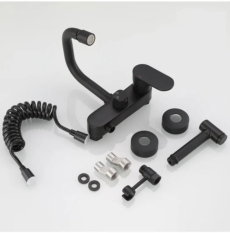 Polished Black Brass Wall-Mount Faucet (360° Swivel & Side Sprayer)