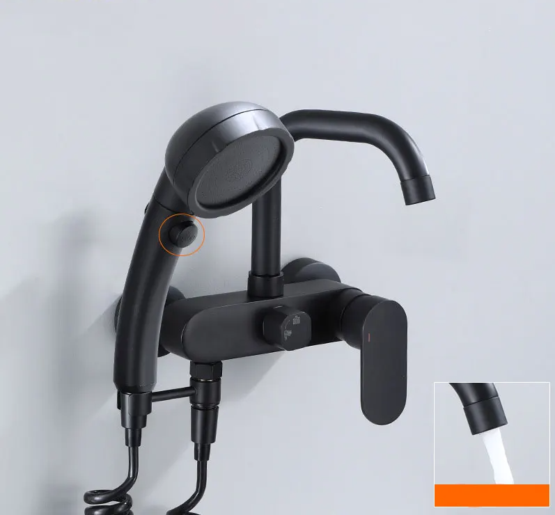Polished Black Brass Wall-Mount Faucet (360° Swivel & Side Sprayer)