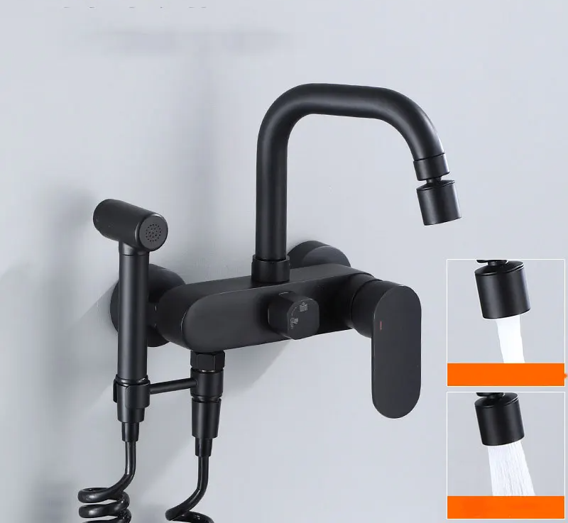 Polished Black Brass Wall-Mount Faucet (360° Swivel & Side Sprayer)