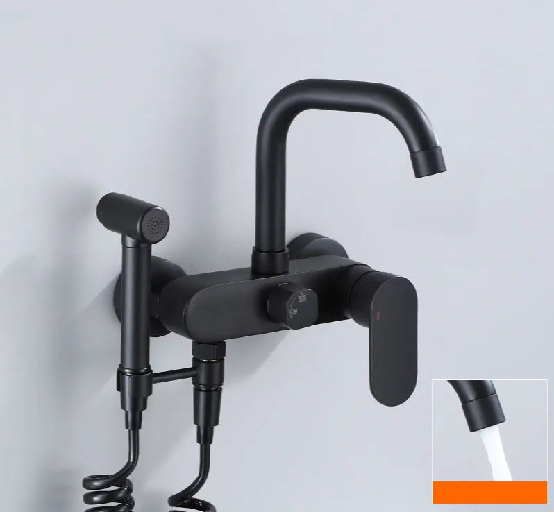 Polished Black Brass Wall-Mount Faucet (360° Swivel & Side Sprayer)