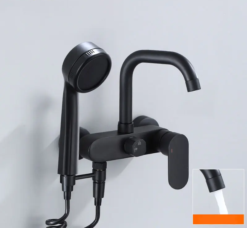 Polished Black Brass Wall-Mount Faucet (360° Swivel & Side Sprayer)