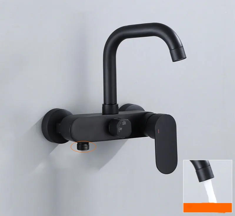 Polished Black Brass Wall-Mount Faucet (360° Swivel & Side Sprayer)
