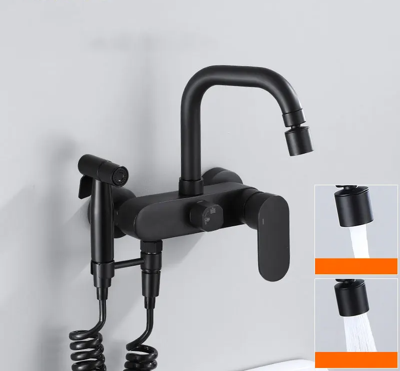 Polished Black Brass Wall-Mount Faucet (360° Swivel & Side Sprayer)