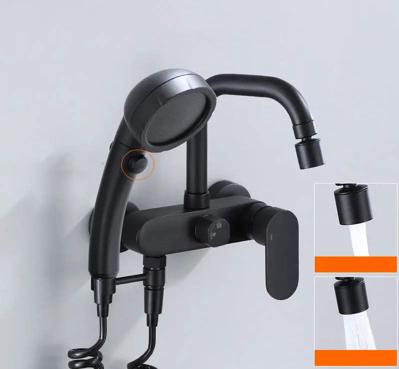 Polished Black Brass Wall-Mount Faucet (360° Swivel & Side Sprayer)