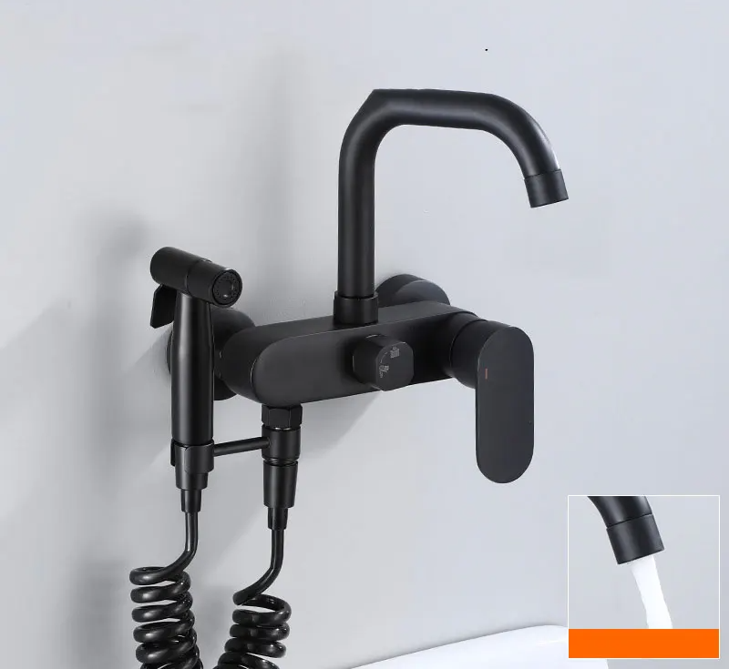 Polished Black Brass Wall-Mount Faucet (360° Swivel & Side Sprayer)