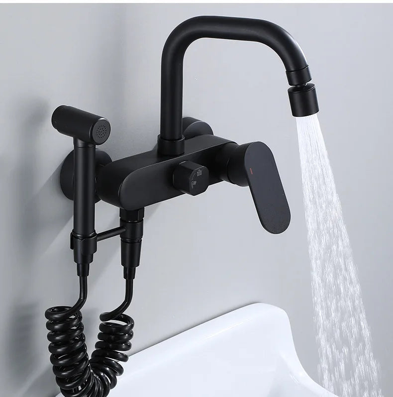 Polished Black Brass Wall-Mount Faucet (360° Swivel & Side Sprayer)