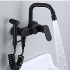 Polished Black Brass Wall-Mount Faucet (360° Swivel & Side Sprayer)