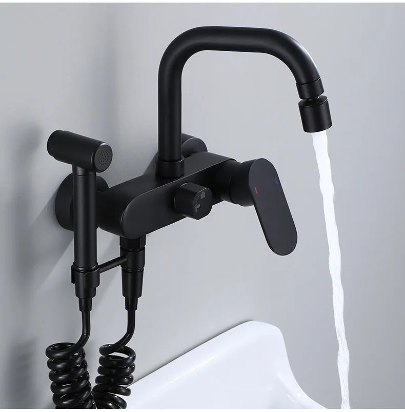 Polished Black Brass Wall-Mount Faucet (360° Swivel & Side Sprayer)