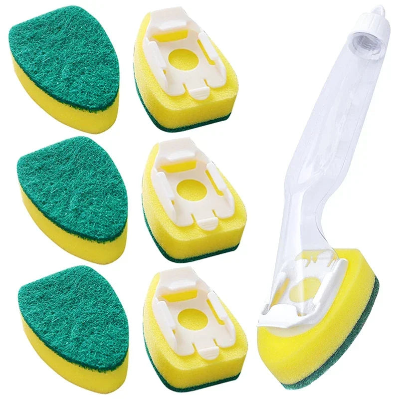 Refillable Push-Button Soap-Dispensing Dish Brush (Includes 2 Replaceable Sponge Heads)