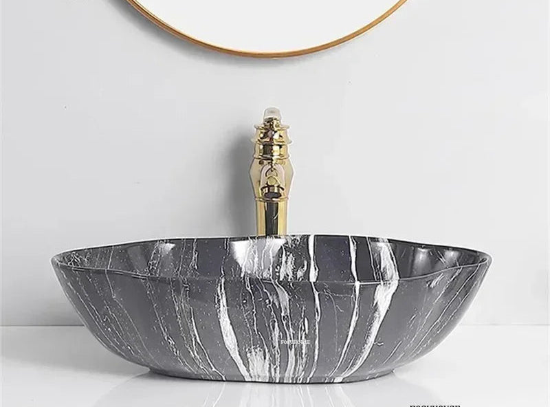 Scratch-Resistant Marble-Pattern Ceramic Vessel Sink (Above-Counter)
