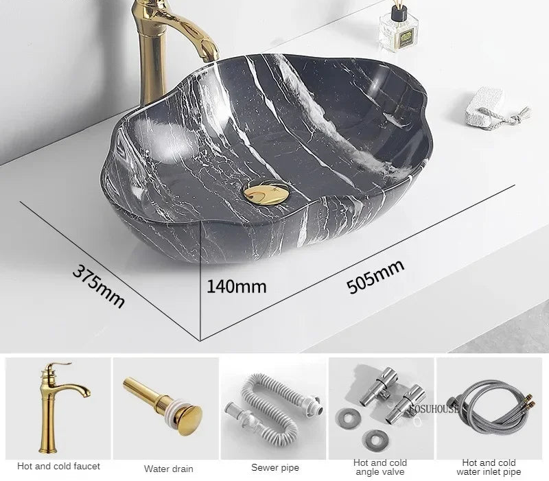Scratch-Resistant Marble-Pattern Ceramic Vessel Sink (Above-Counter)