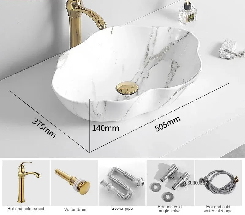 Scratch-Resistant Marble-Pattern Ceramic Vessel Sink (Above-Counter)