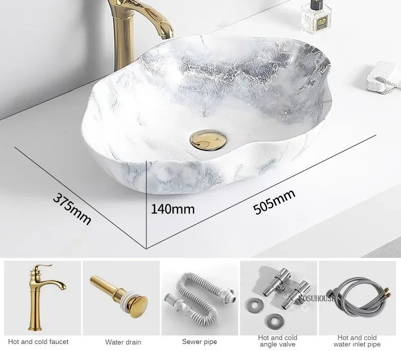 Scratch-Resistant Marble-Pattern Ceramic Vessel Sink (Above-Counter)