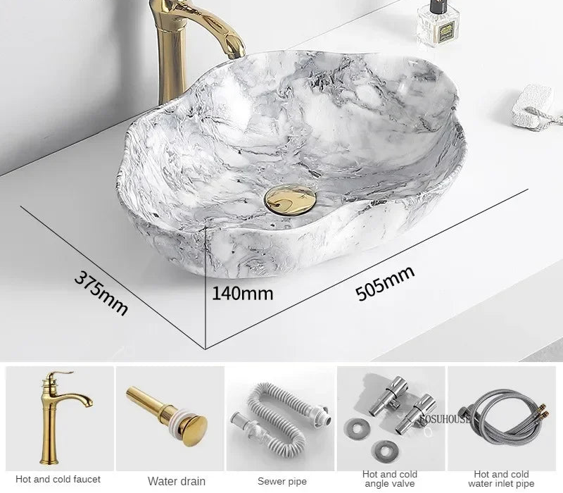 Scratch-Resistant Marble-Pattern Ceramic Vessel Sink (Above-Counter)
