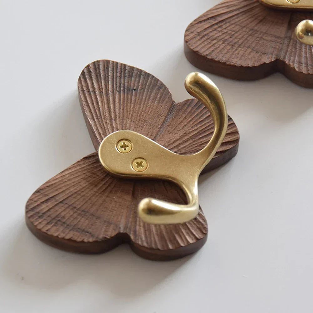 Solid Black Walnut No-Drill Butterfly Wall Hooks (2-Hook)