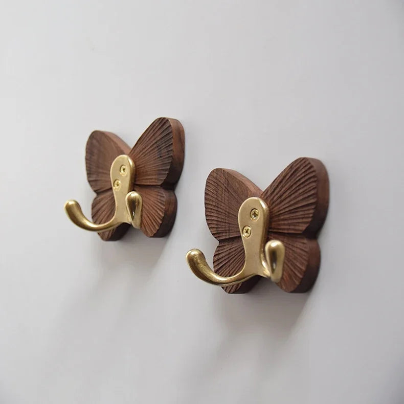 Solid Black Walnut No-Drill Butterfly Wall Hooks (2-Hook)