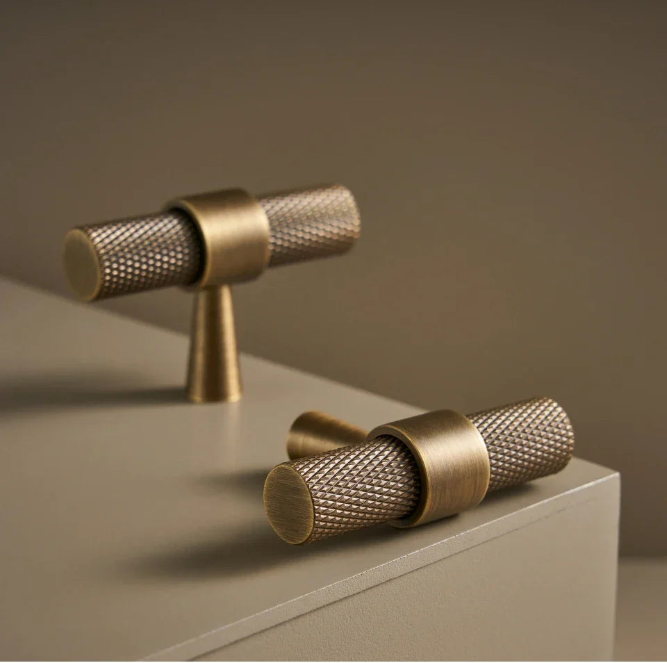 Solid Brass Art Deco Knurled T-Bar Handle (224mm Hole Spacing)