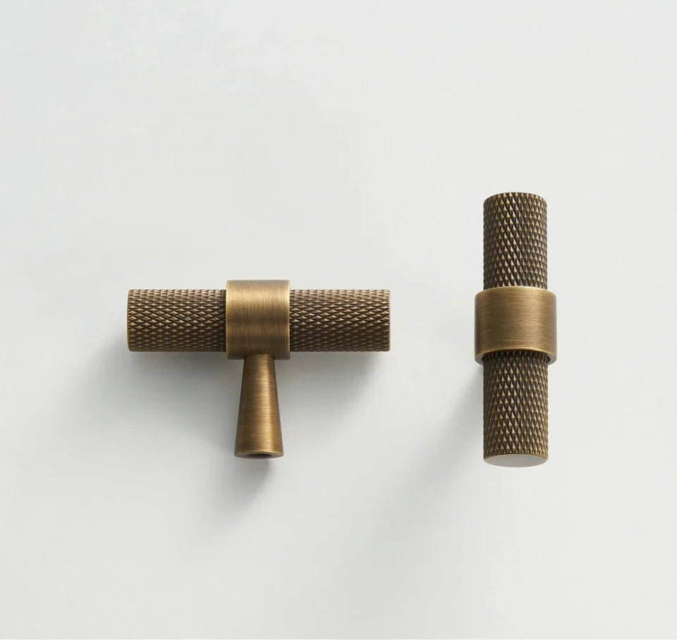 Solid Brass Art Deco Knurled T-Bar Handle (224mm Hole Spacing)