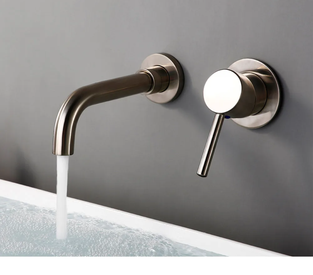 Solid Brass Brushed Stainless Bathroom Faucet (Dual-Hole Wall Mount)