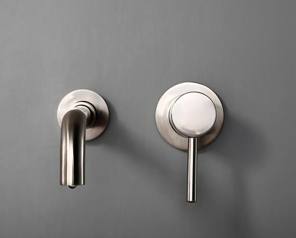 Solid Brass Brushed Stainless Bathroom Faucet (Dual-Hole Wall Mount)