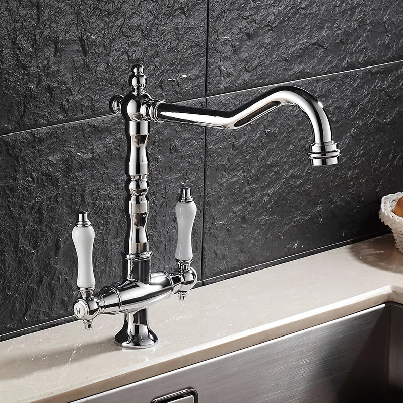 Solid Brass Ceramic Disc Dual-Handle Kitchen Faucet (Single-Hole Deck Mount)