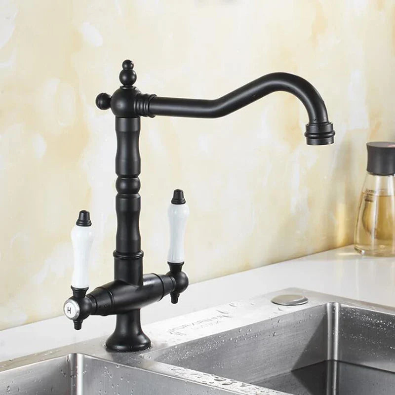Solid Brass Ceramic Disc Dual-Handle Kitchen Faucet (Single-Hole Deck Mount)