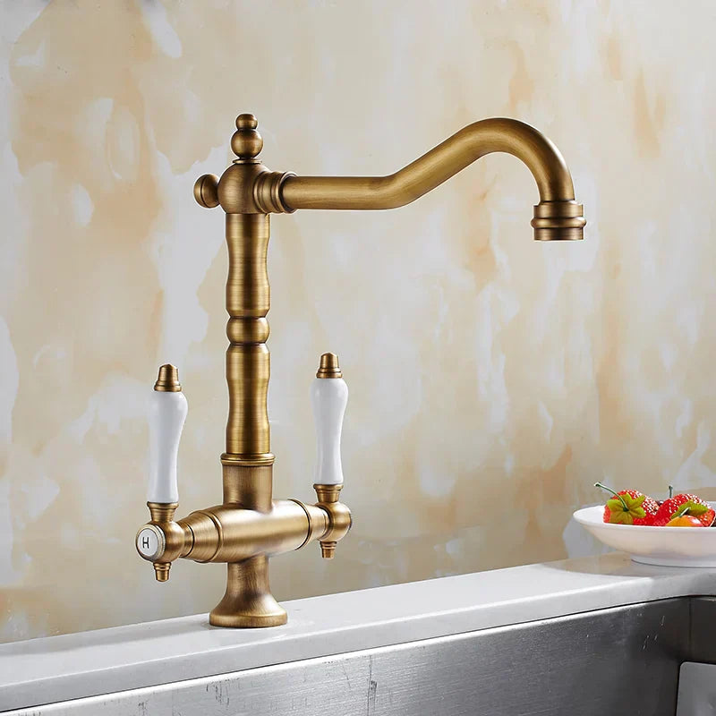 Solid Brass Ceramic Disc Dual-Handle Kitchen Faucet (Single-Hole Deck Mount)